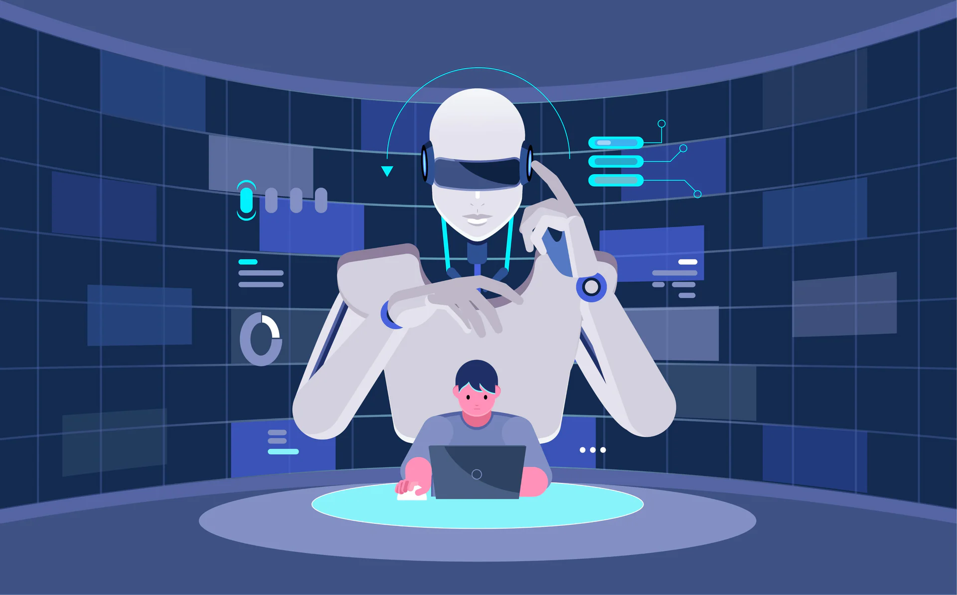 Illustration of a developer and a robot wearing a virtual-reality headset