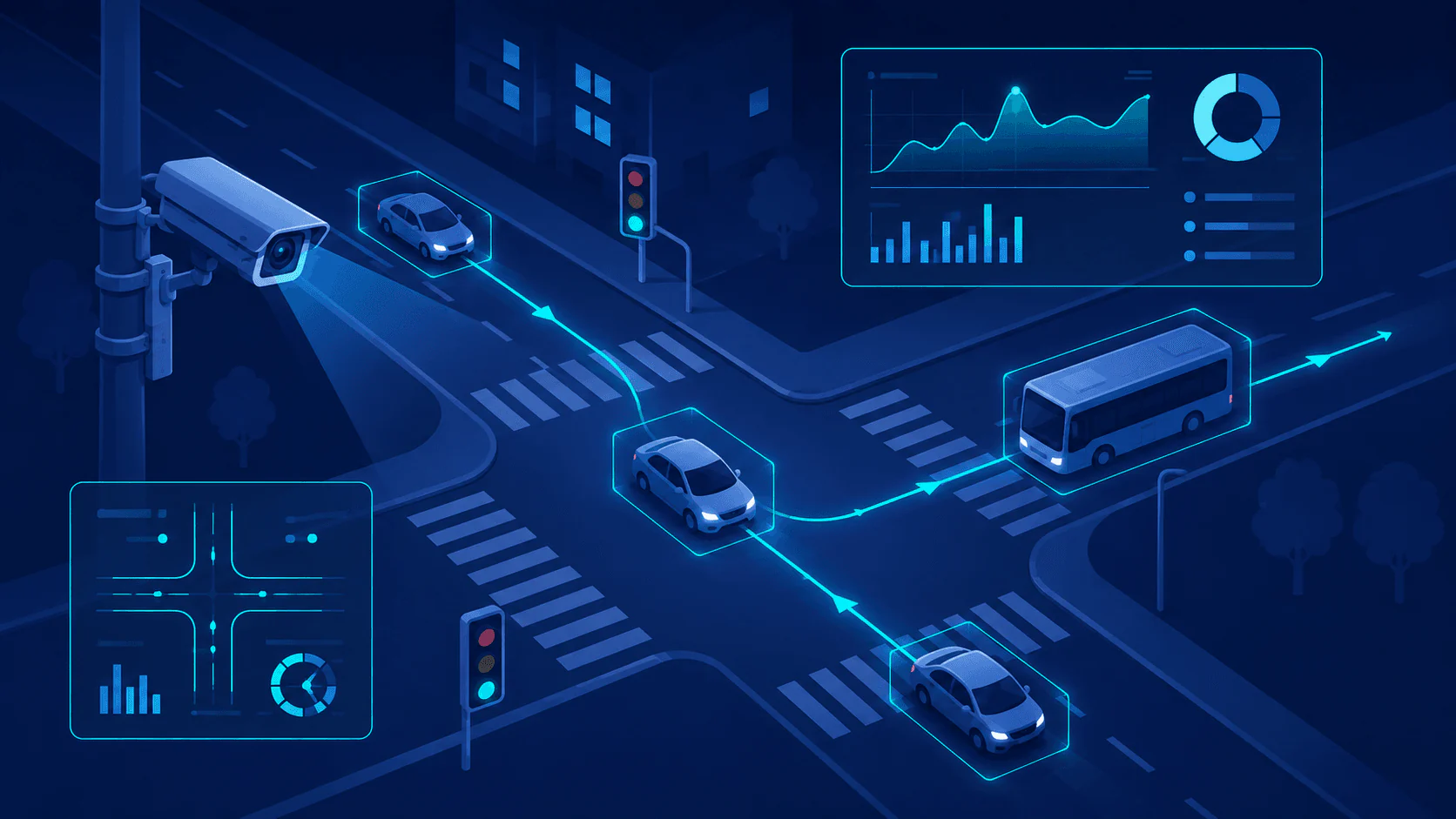 Traffic analysis screen recognising vehicles and their paths at a junction