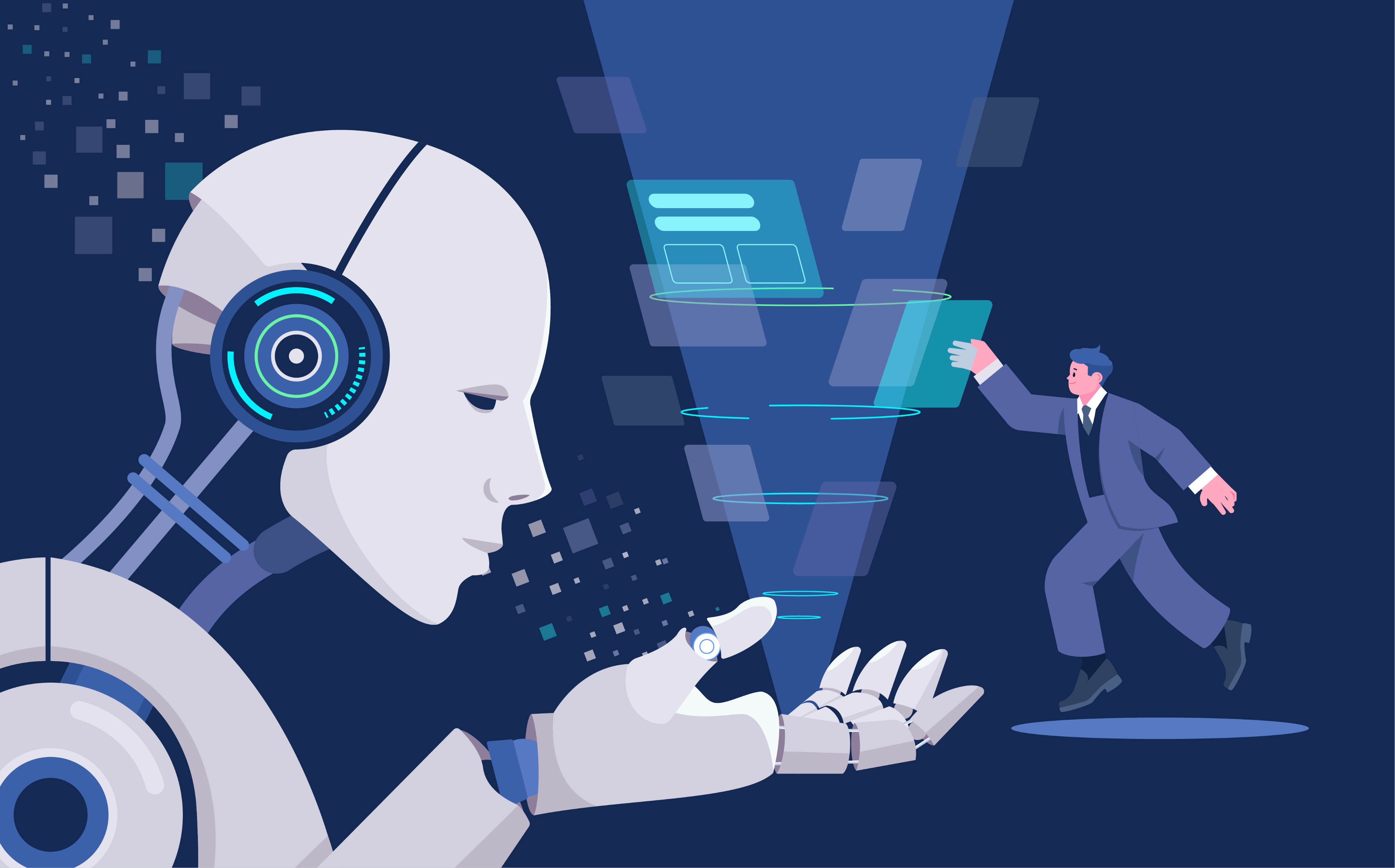 QVision AI 영상 분석을 표현한 로봇과 디지털 데이터 일러스트